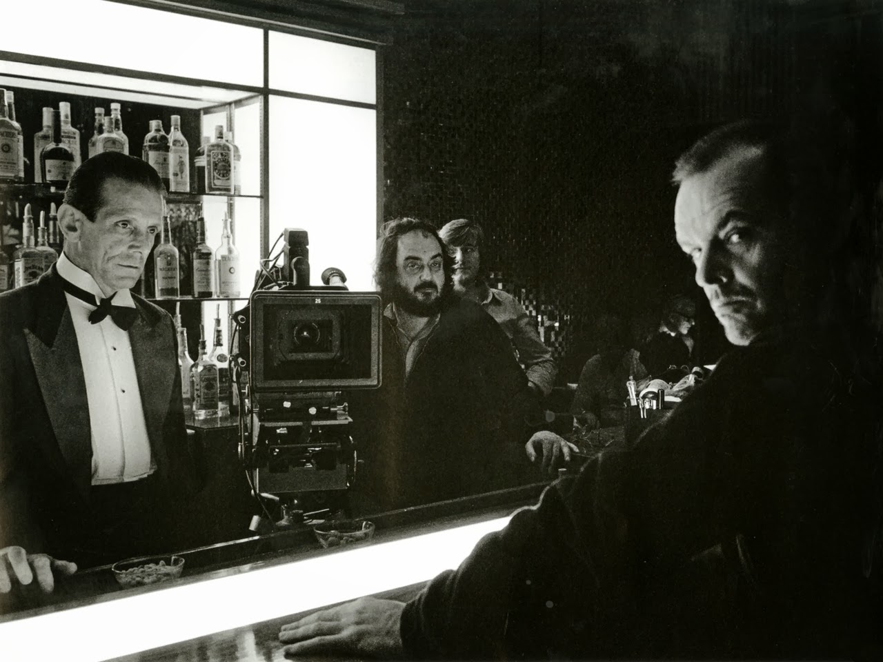 Jack Nicholson, Stanley Kubrick, and Joe Turkel on the set of The
